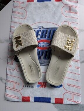 Michael Kors Neutral Beige MK Logo Slide Sandals